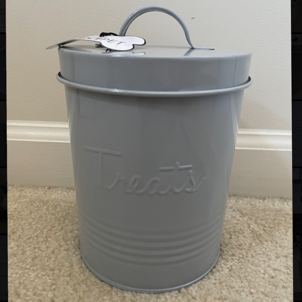 Gray dog treat tin container